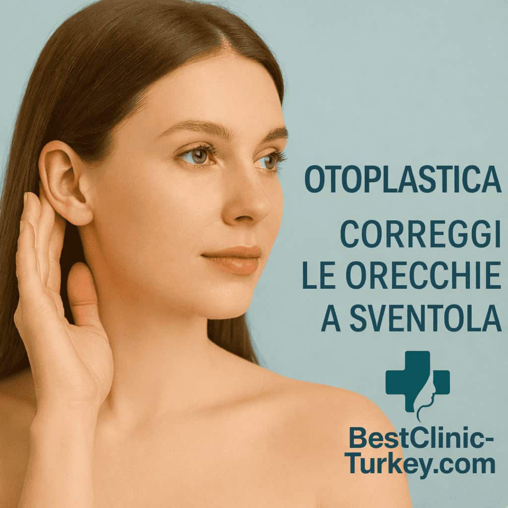 Correzione orecchie a sventola in Turchia: primo piano di una donna che tocca il suo orecchio per evidenziare il risultato estetico