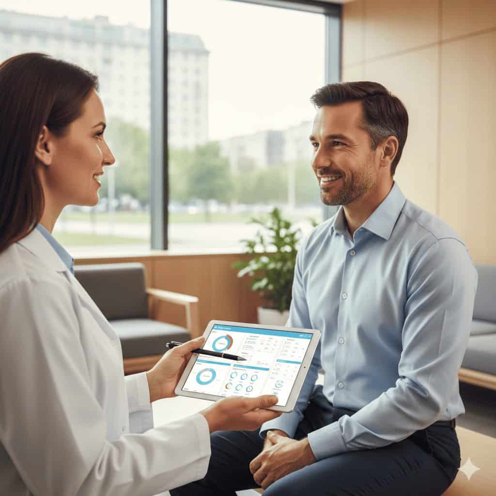 Consulenza medica per trapianto sopracciglia in Turchia: chirurgo mostra i risultati su tablet a un paziente.