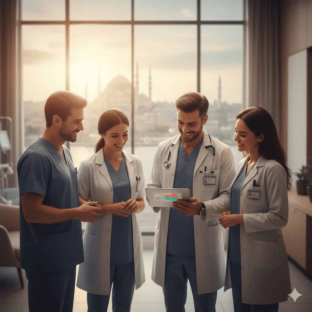 Team di medici chirurghi che discutono i risultati di un preventivo per cure estetiche di alta gamma in una clinica moderna