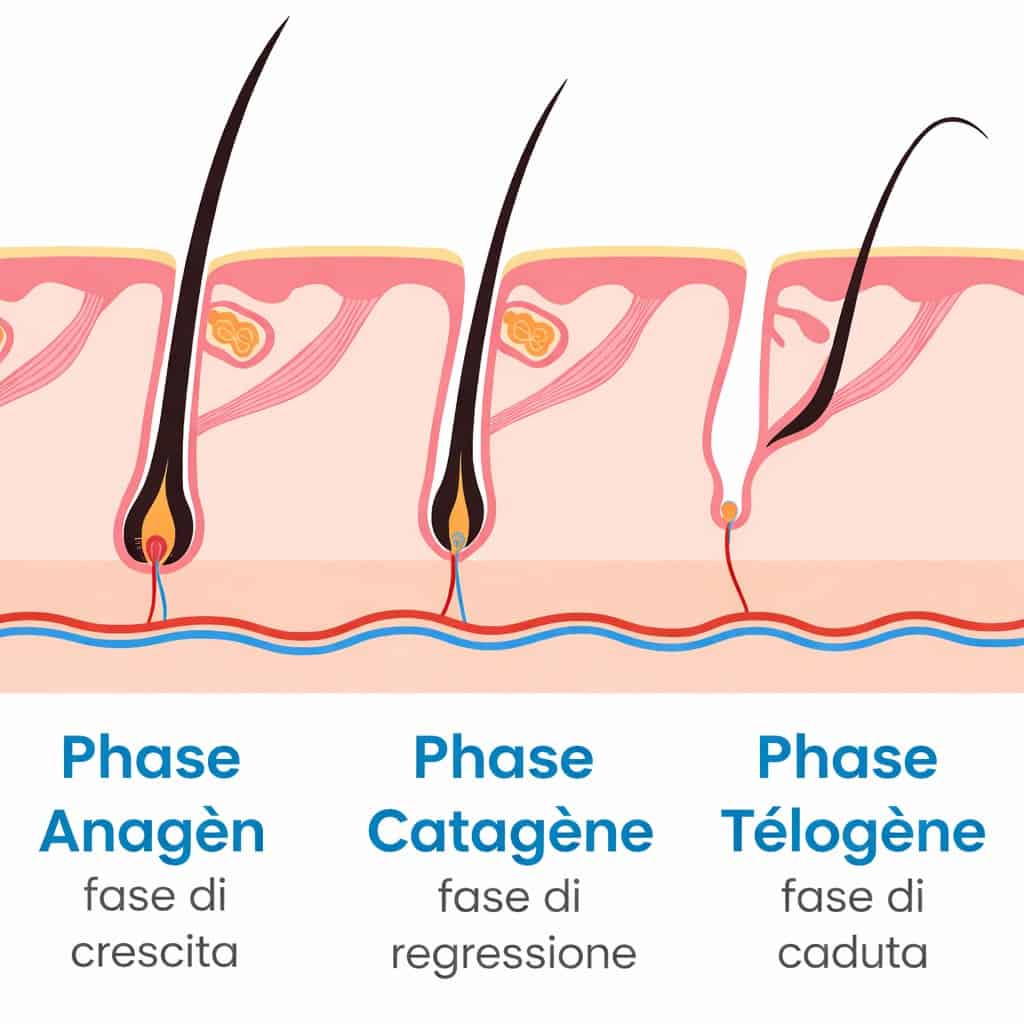 Schema delle tre fasi del ciclo di vita del capello: Anagen (crescita), Catagene (regressione) e Telogene (caduta)