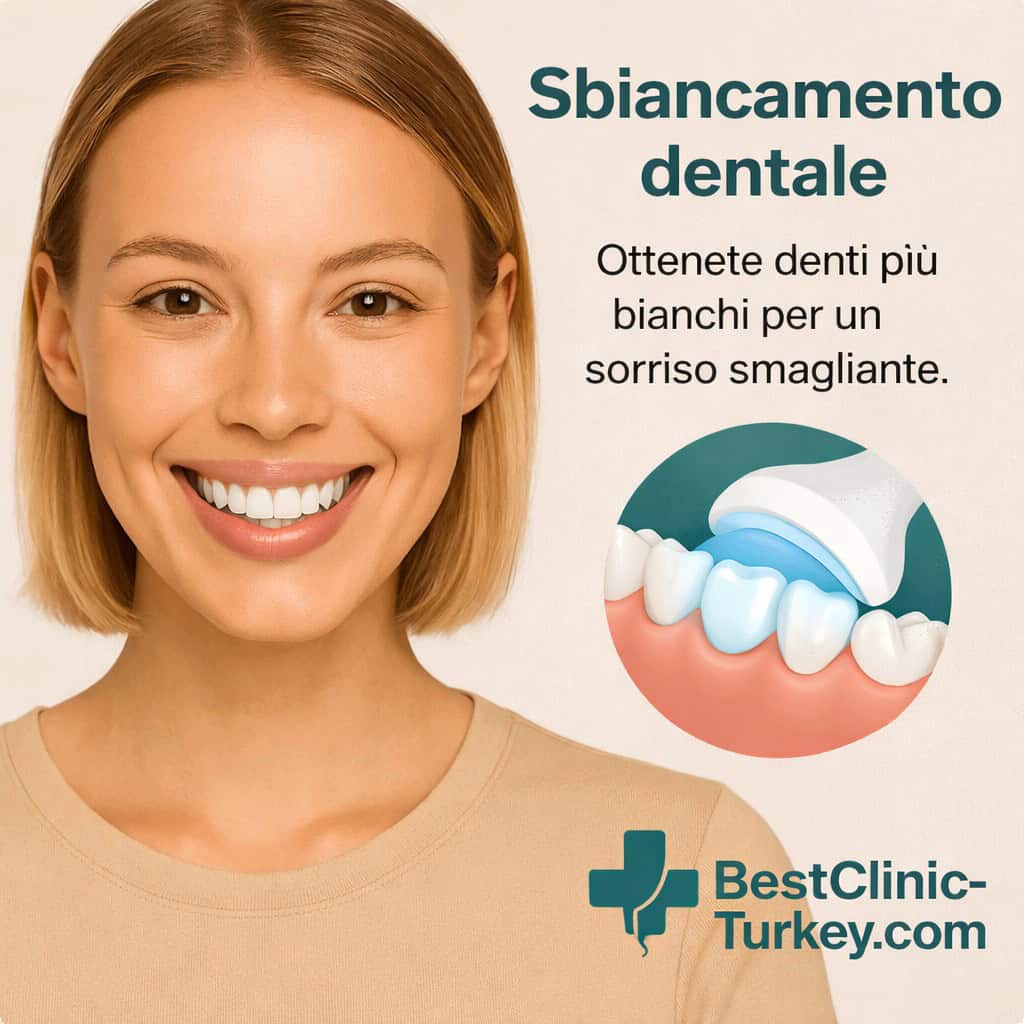 Logo BestClinic-Turkey con modella sorridente e illustrazione processo sbiancamento dentale professionale