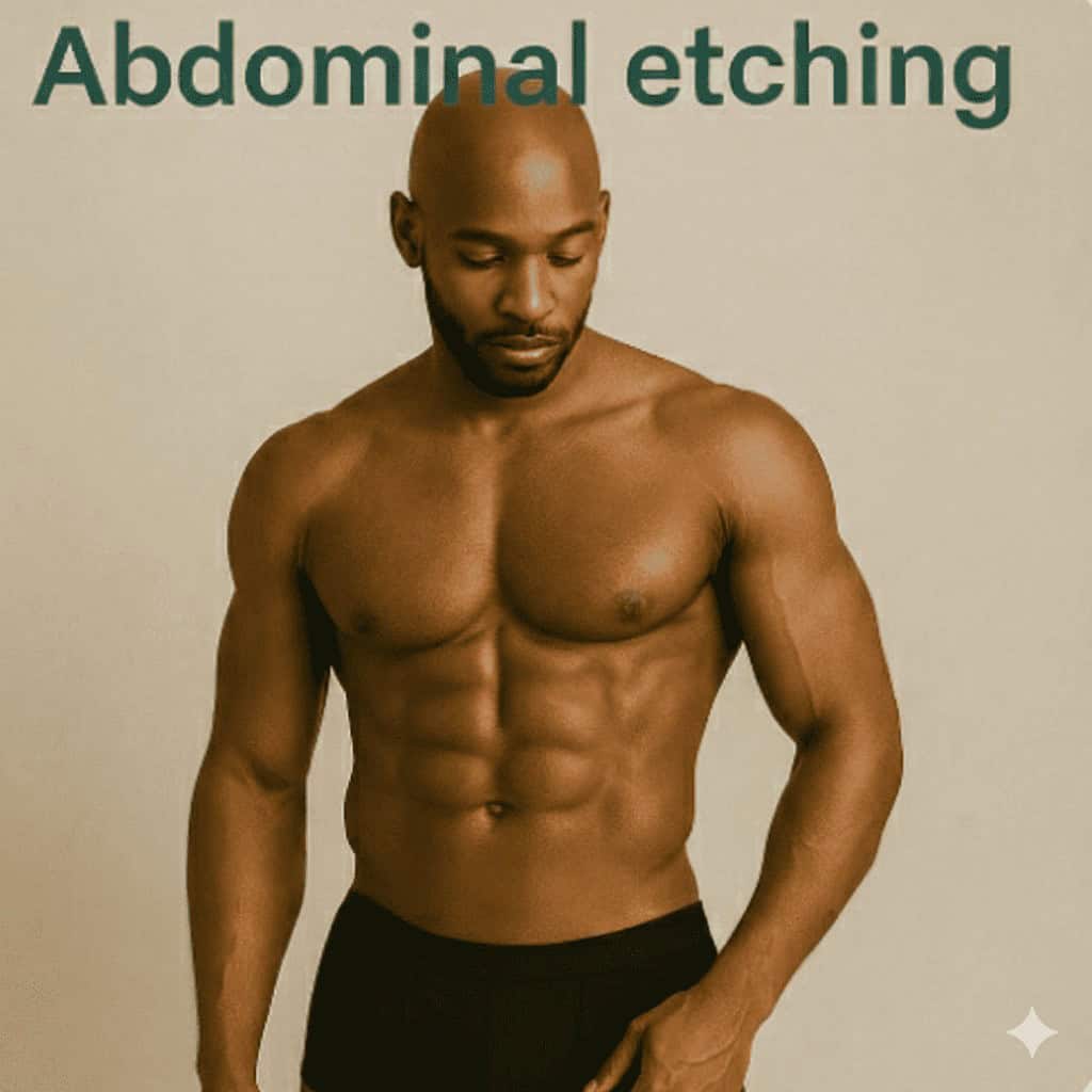 Risultato di un intervento di abdominal etching su un uomo con muscoli addominali definiti e tonici.