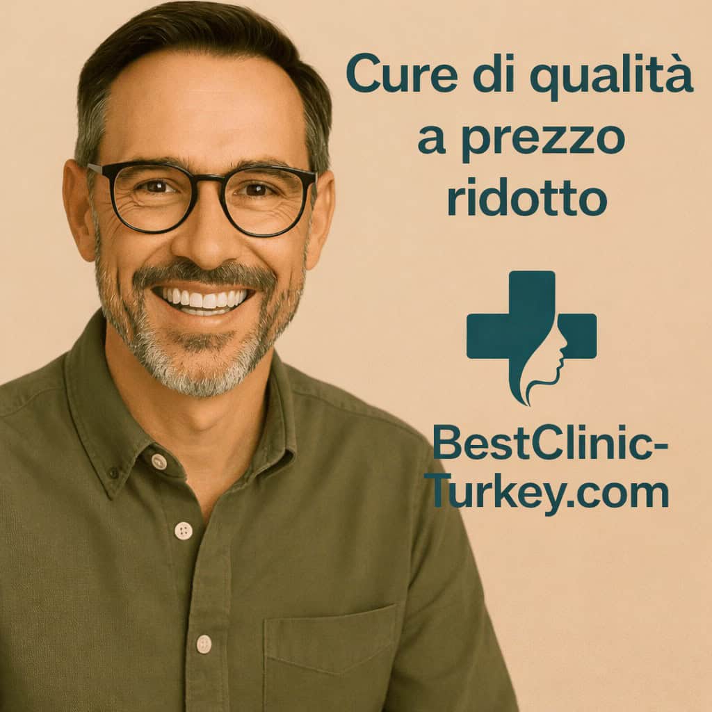 Uomo sorridente con occhiali che rappresenta il successo di un trattamento dentale di qualità a prezzi convenienti