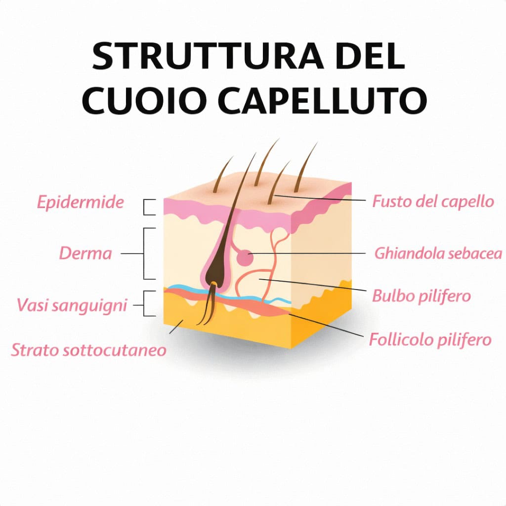 Anatomia del cuoio capelluto e struttura del follicolo pilifero: epidermide, derma, bulbo e vasi sanguigni per chirurgia estetica