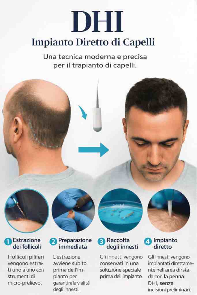 Tecnica DHI trapianto capelli: procedura di impianto diretto con penna Choi Implanter e fasi di preparazione dei bulbi piliferi