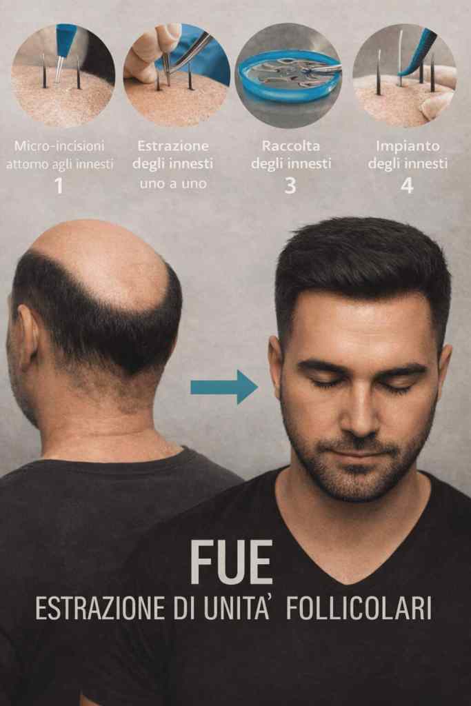 Schema tecnico trapianto capelli FUE: fasi di micro-incisione, estrazione follicolare unitaria, raccolta e impianto dei graft