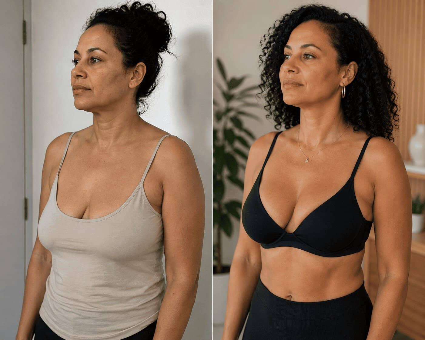 Avant et après d'un lifting des seins en Turquie montrant une poitrine plus haute, plus ferme et naturellement redessinée.