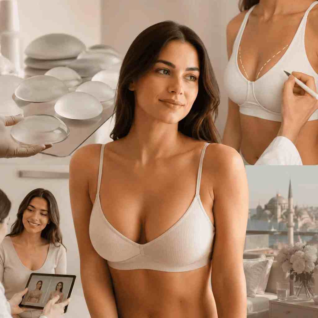 Montage illustrant les principaux avantages des implants mammaires avec consultation, choix des implants, personnalisation et résultat naturel.