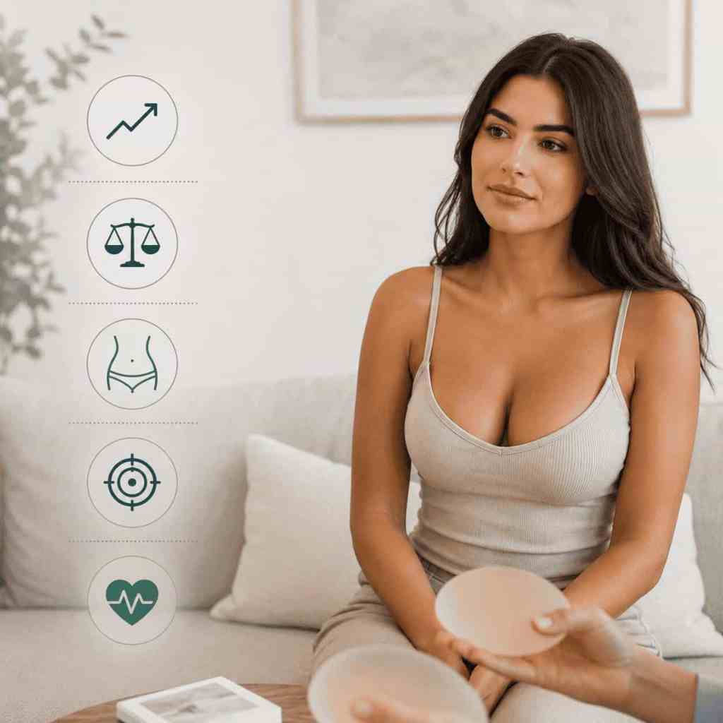 Patiente en consultation tenant un implant mammaire, avec des pictogrammes illustrant les principaux critères d'éligibilité à l'intervention.