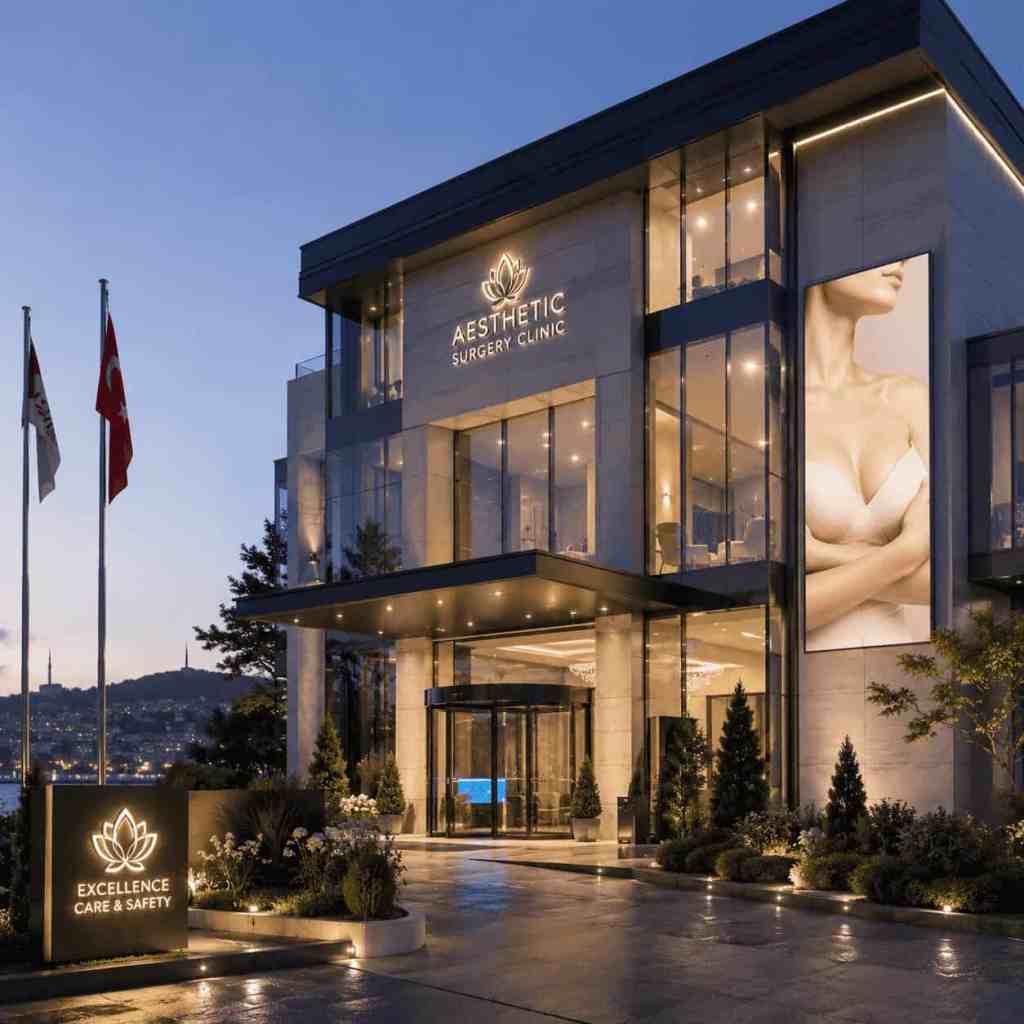 Façade d'une clinique moderne spécialisée dans les implants mammaires en Turquie, avec vue sur Istanbul et installations haut de gamme.