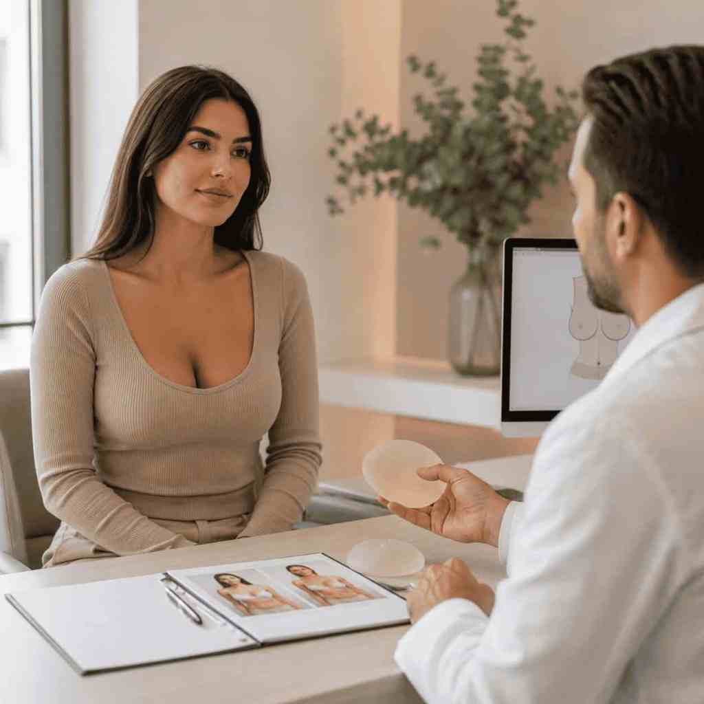 Patiente en consultation préopératoire avec un chirurgien présentant un implant mammaire afin de choisir la forme et le volume adaptés.