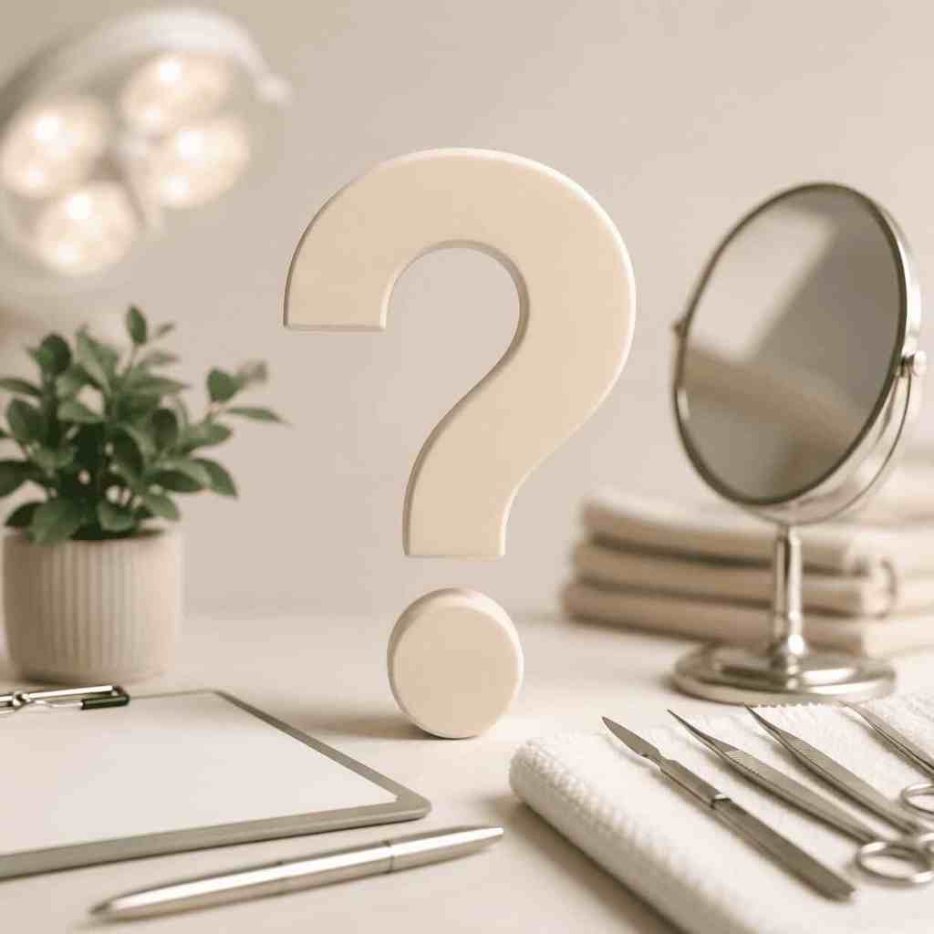Illustrazione di una FAQ sulla chirurgia estetica in Turchia con un punto interrogativo in un ambiente di clinica estetica moderna, che rappresenta le domande più frequenti dei pazienti su interventi, prezzi e sicurezza.
