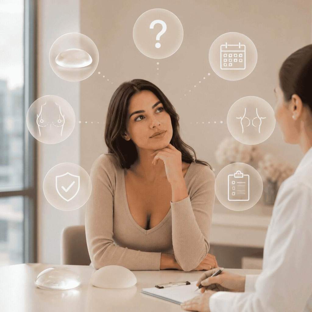 Patiente en consultation réfléchissant à ses questions sur les implants mammaires, entourée de pictogrammes illustrant les sujets les plus fréquents.