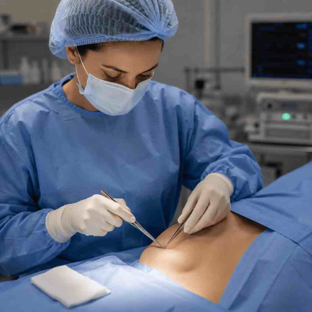 Chirurgienne réalisant la fermeture des incisions à la fin d'une intervention de pose d'implants mammaires en salle d'opération.