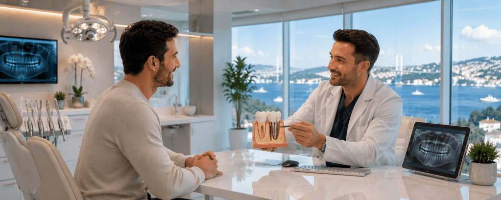 Patient en consultation pour des implants dentaires en Turquie avec présentation d’un implant en zircone dans une clinique moderne