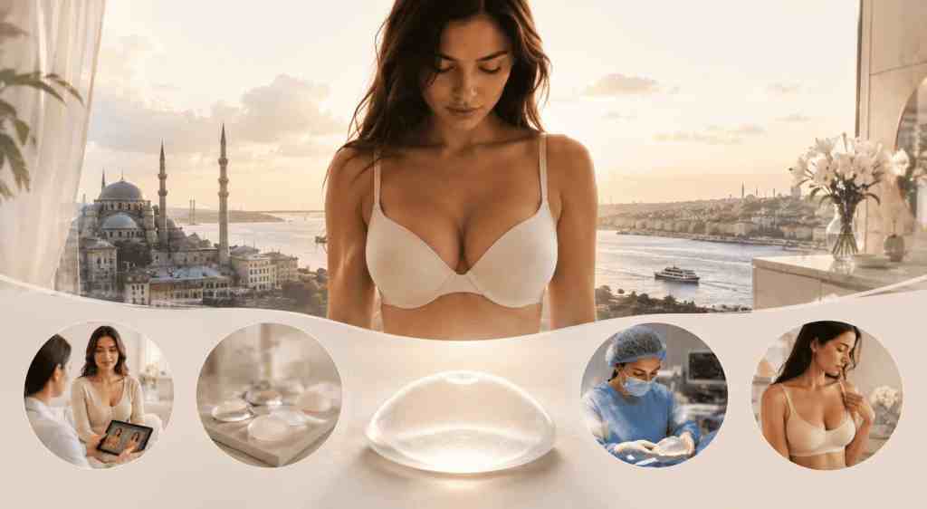 Femme portant un soutien-gorge blanc devant Istanbul avec des implants mammaires, une consultation préopératoire et une intervention chirurgicale illustrées.