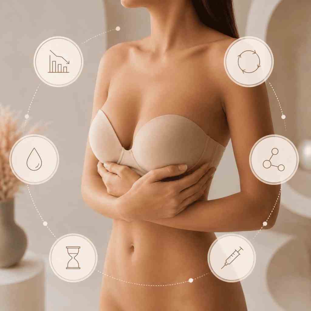 Illustration des principales limites du lipofilling mammaire en Turquie : augmentation modérée du volume, résorption partielle de la graisse, nécessité d'une réserve graisseuse suffisante et possibilité d'une seconde séance.