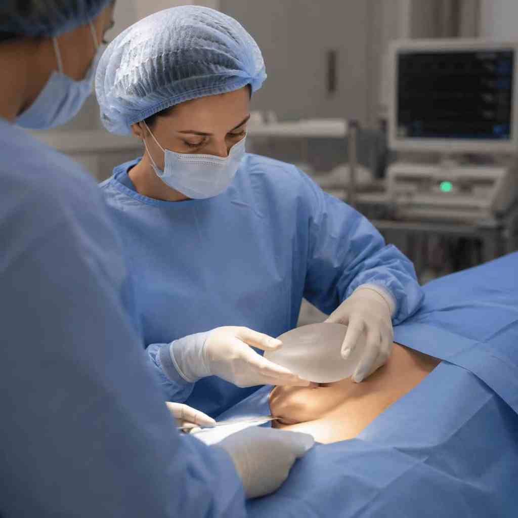 Chirurgienne en salle d'opération positionnant un implant mammaire en silicone avant sa mise en place pendant l'intervention.