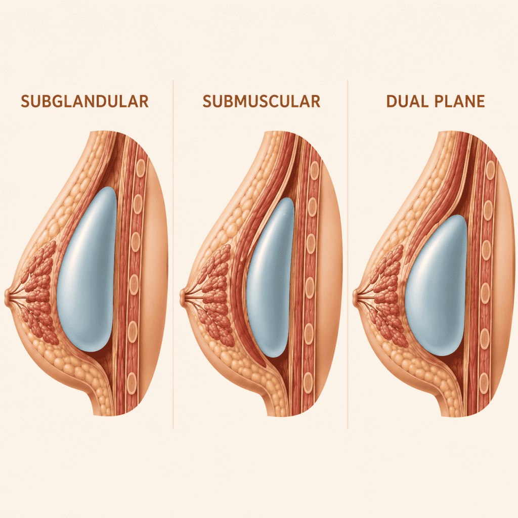 Schéma comparant les trois positions possibles des implants mammaires : sous-glandulaire, sous-musculaire et dual plan.
