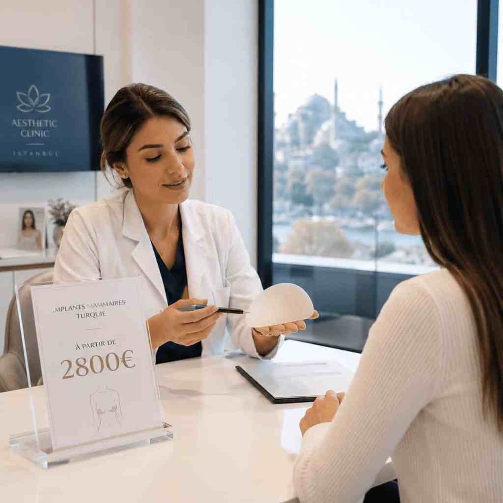 Consultation en clinique pour des implants mammaires en Turquie avec présentation d'un implant et indication du prix de l'intervention.
