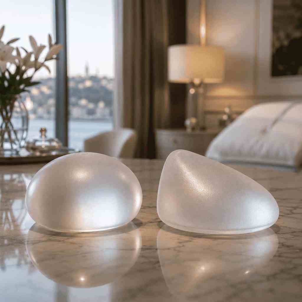 Deux implants mammaires en silicone de formes différentes, rond et anatomique, présentés côte à côte pour illustrer les options disponibles.