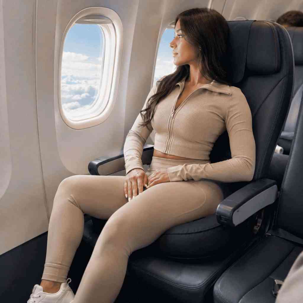 Paziente seduta vicino al finestrino di un aereo durante un viaggio dopo un Brazilian Butt Lift, seguendo le precauzioni postoperatorie.