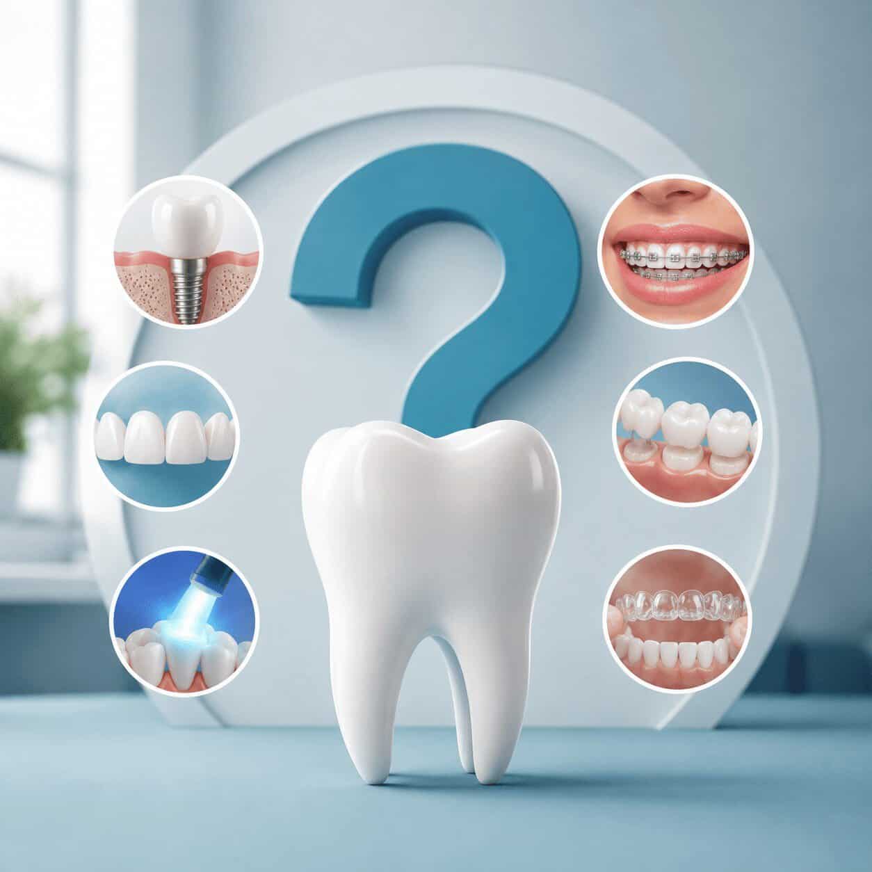 Illustrazione delle FAQ sulle cure dentali in Turchia con un dente centrale, un punto interrogativo e i principali trattamenti odontoiatrici.