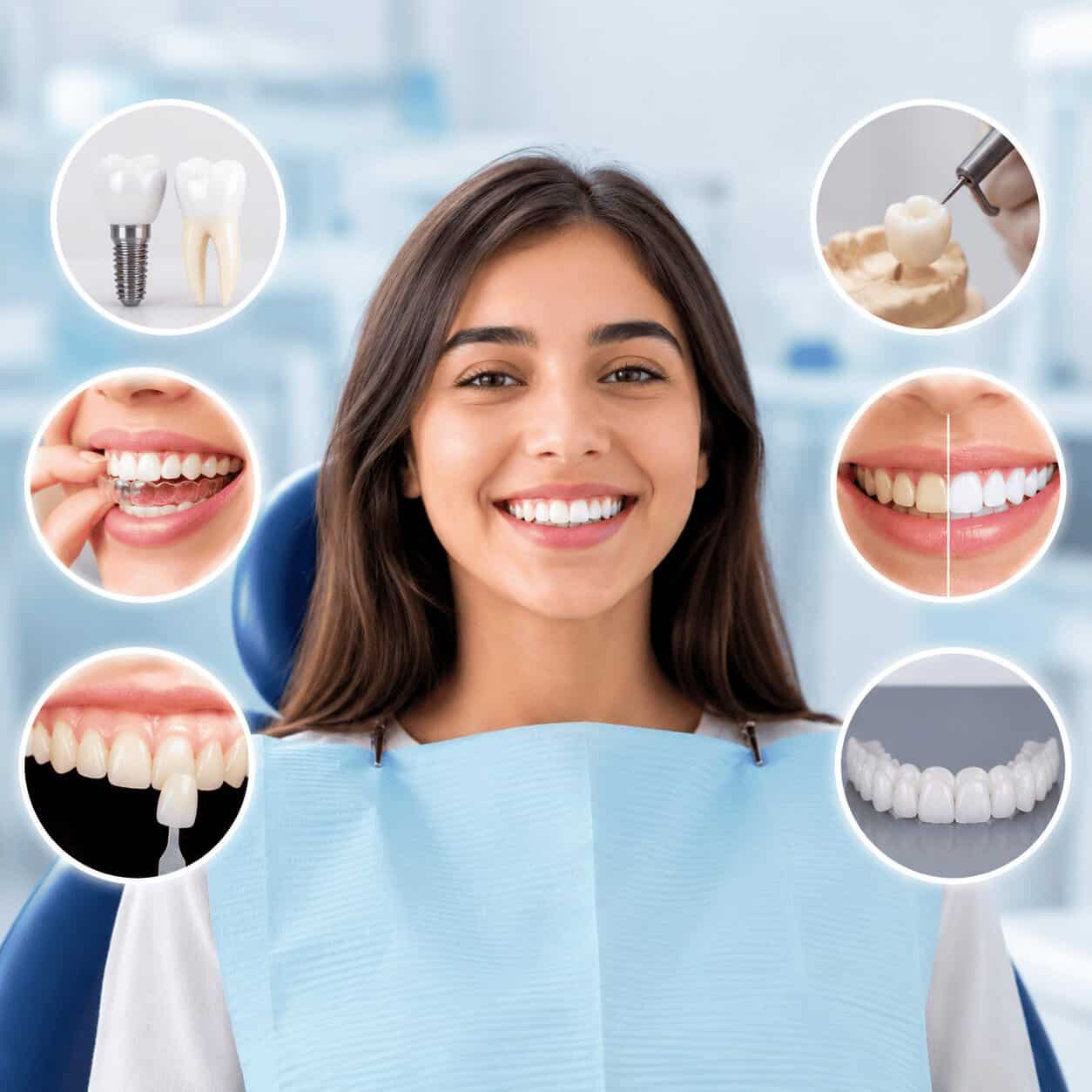 Paziente sorridente in una clinica odontoiatrica che illustra i principali trattamenti dentali in Turchia: impianto, corona, faccetta, sbiancamento, ortodonzia invisibile e ponte dentale completo.