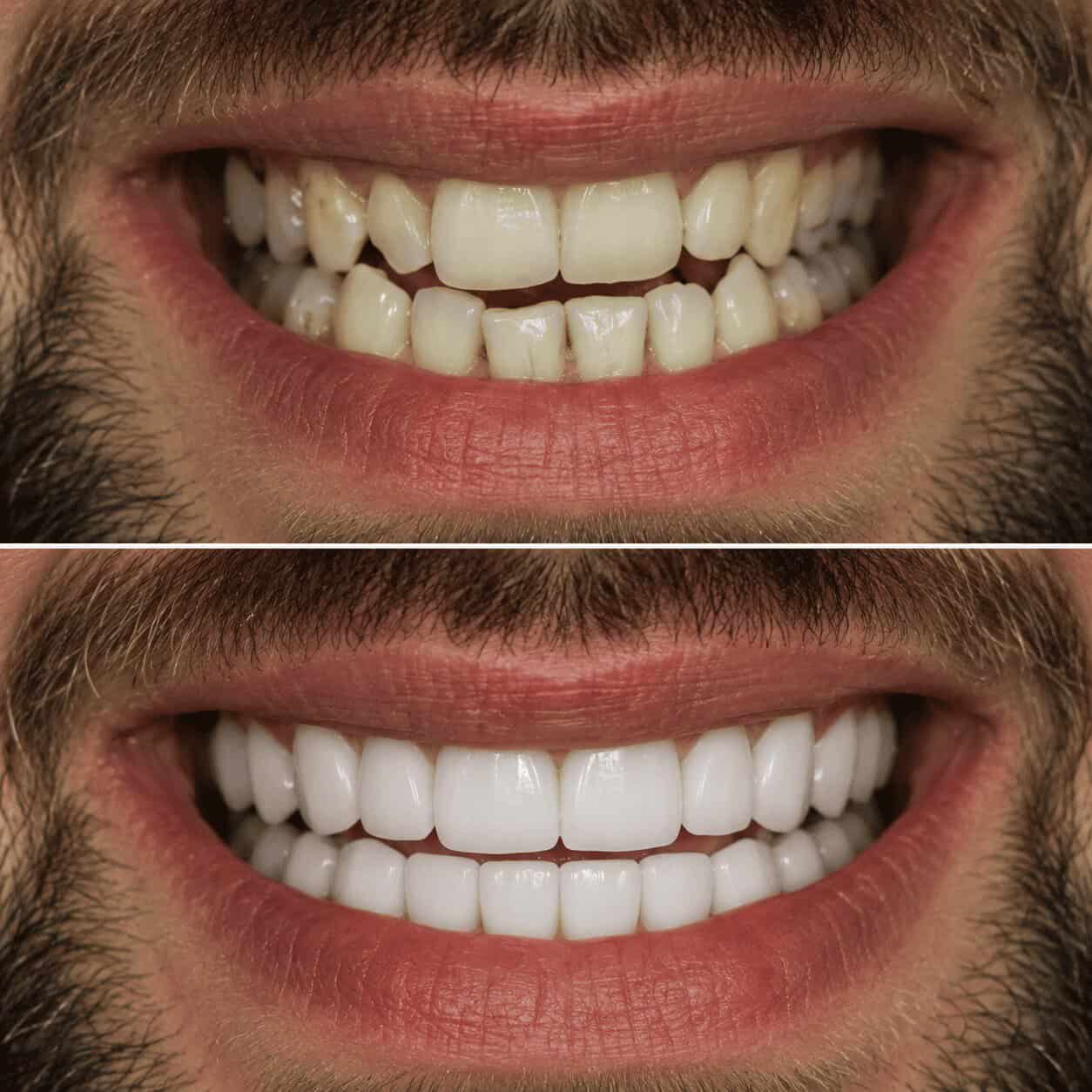 Prima e dopo una riabilitazione completa del sorriso con corone dentali in Turchia