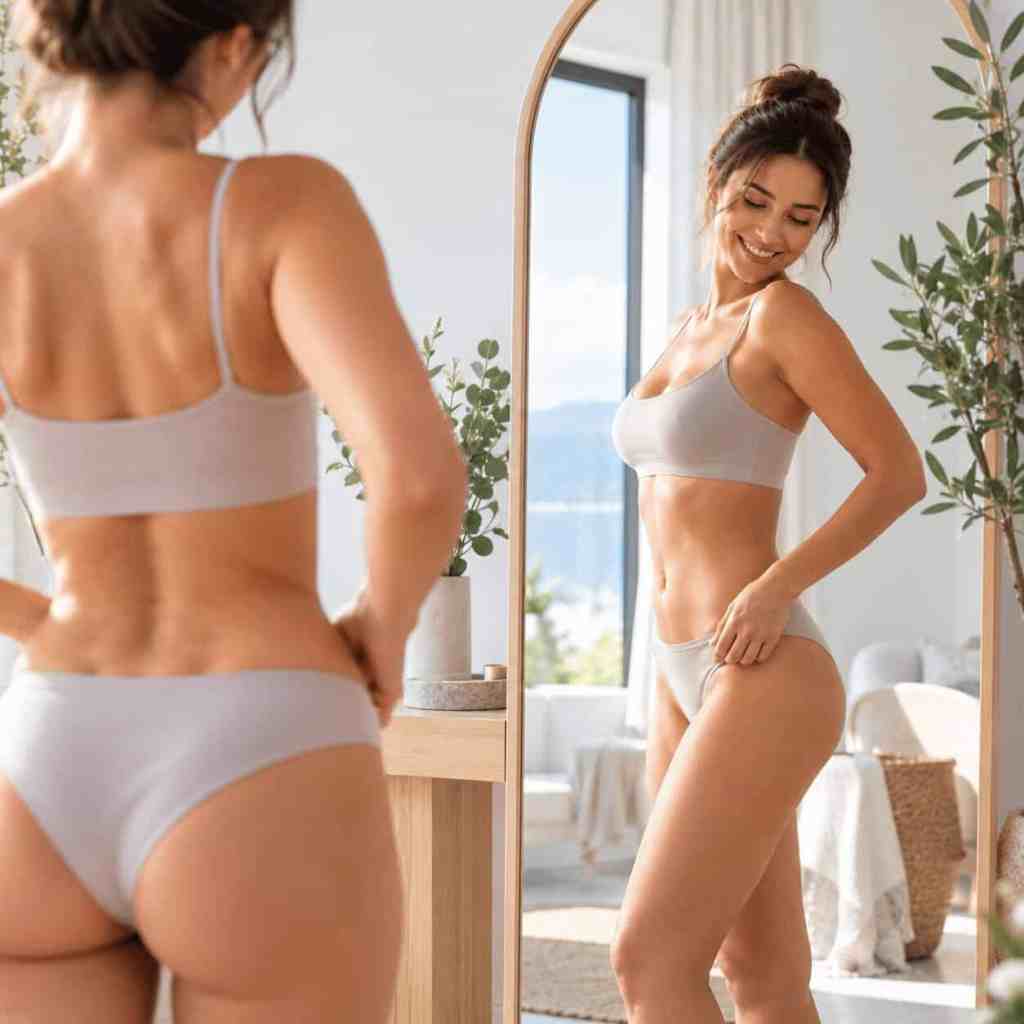 Donna che osserva i cambiamenti della silhouette e delle circonferenze dopo una liposuzione