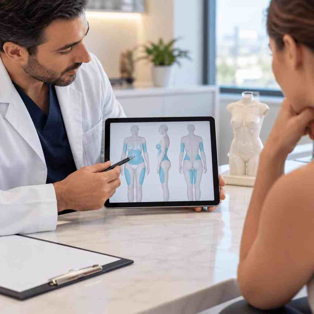 Chirurgo che mostra le zone del corpo che possono essere trattate con la liposuzione