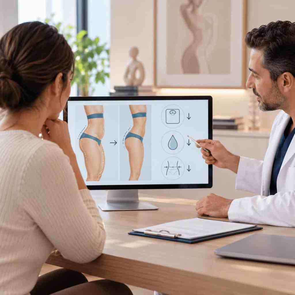 Chirurgien évaluant avec une patiente les volumes et zones à traiter par liposuccion