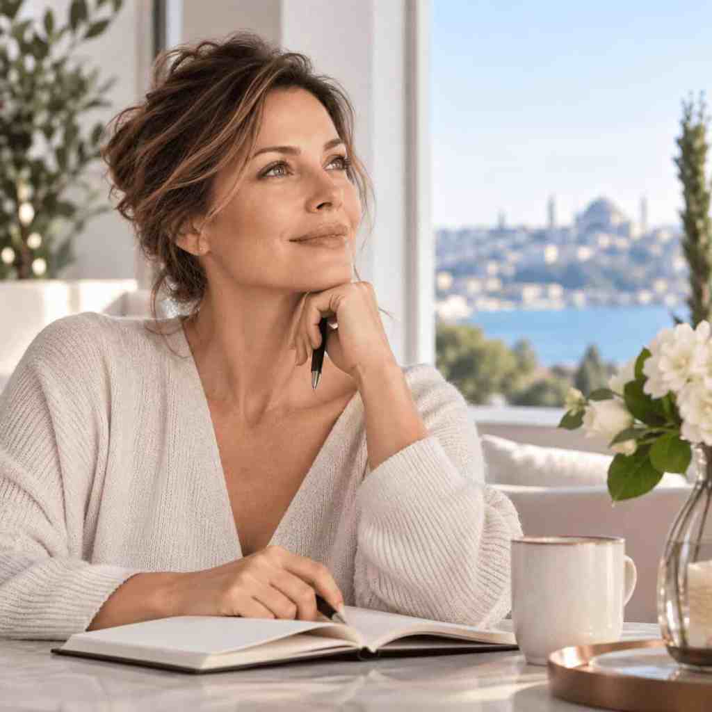 Femme réfléchissant au choix de faire un lifting du visage plus tôt ou d’attendre