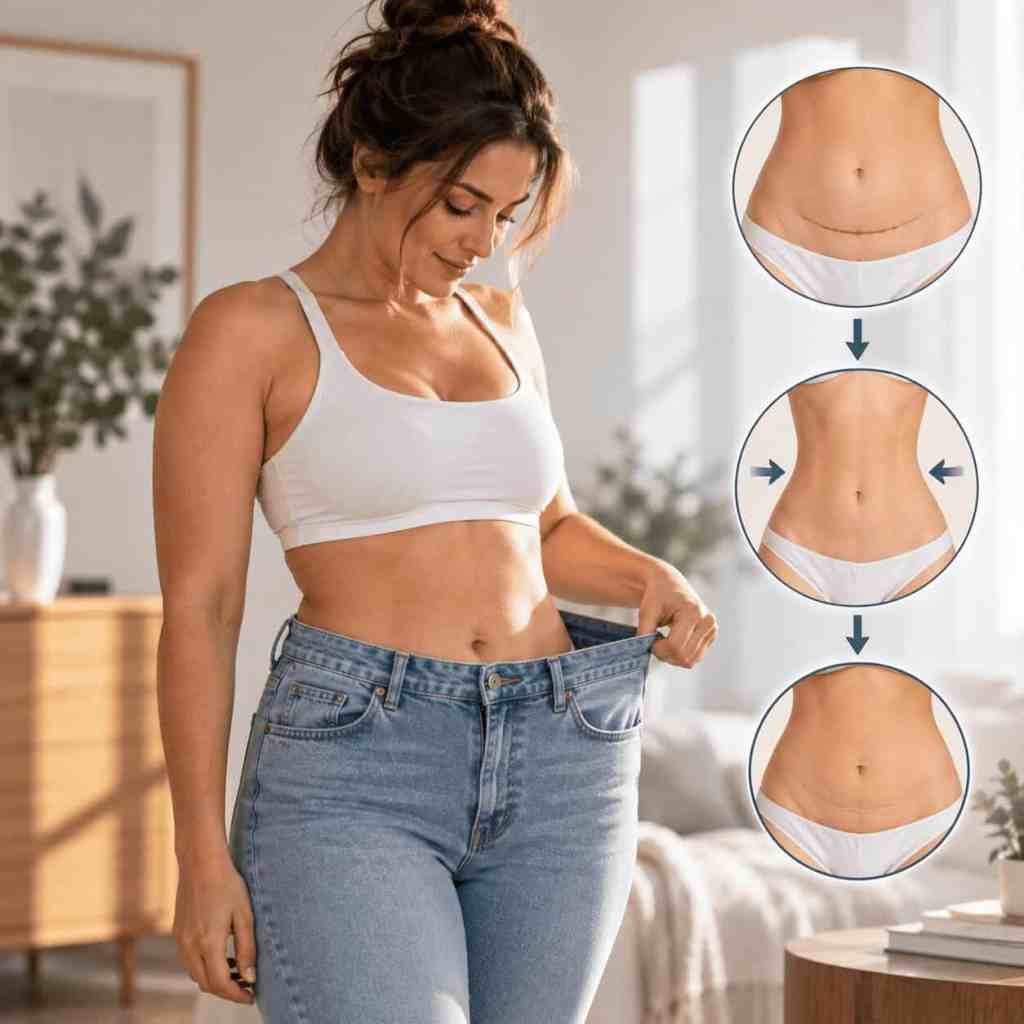 Femme constatant une perte de poids et une évolution de l’abdomen après une abdominoplastie