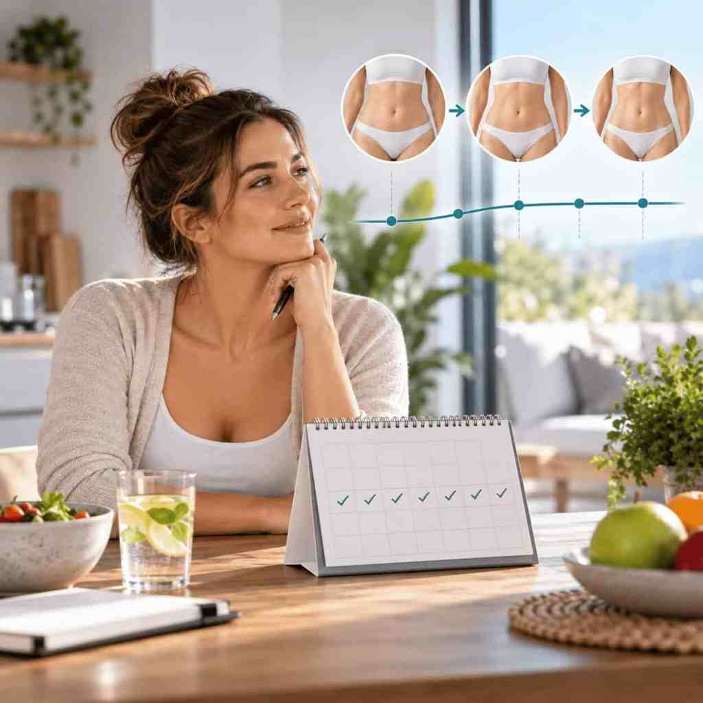 Femme évaluant la stabilité de son poids avant d’envisager une abdominoplastie