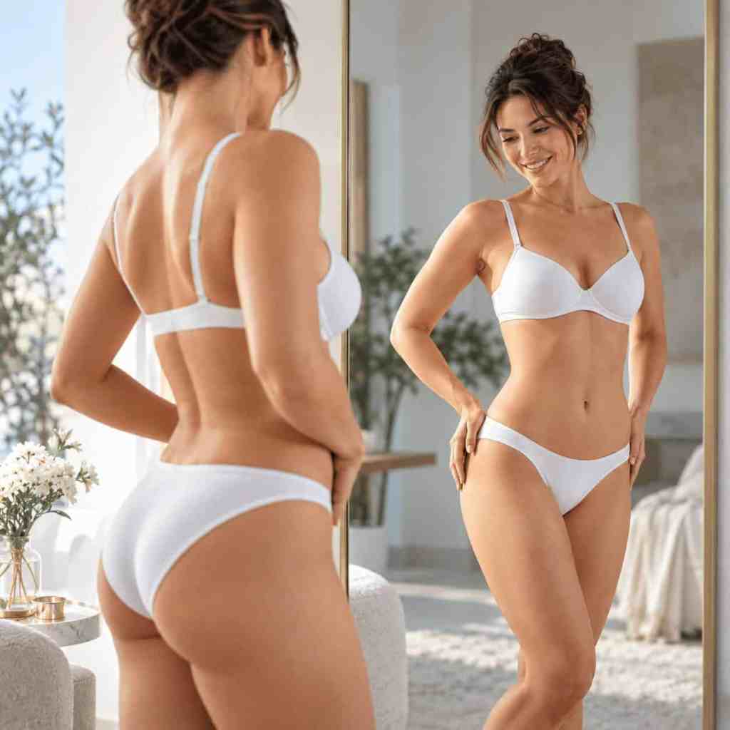 Donna che osserva la propria silhouette dopo una liposuzione
