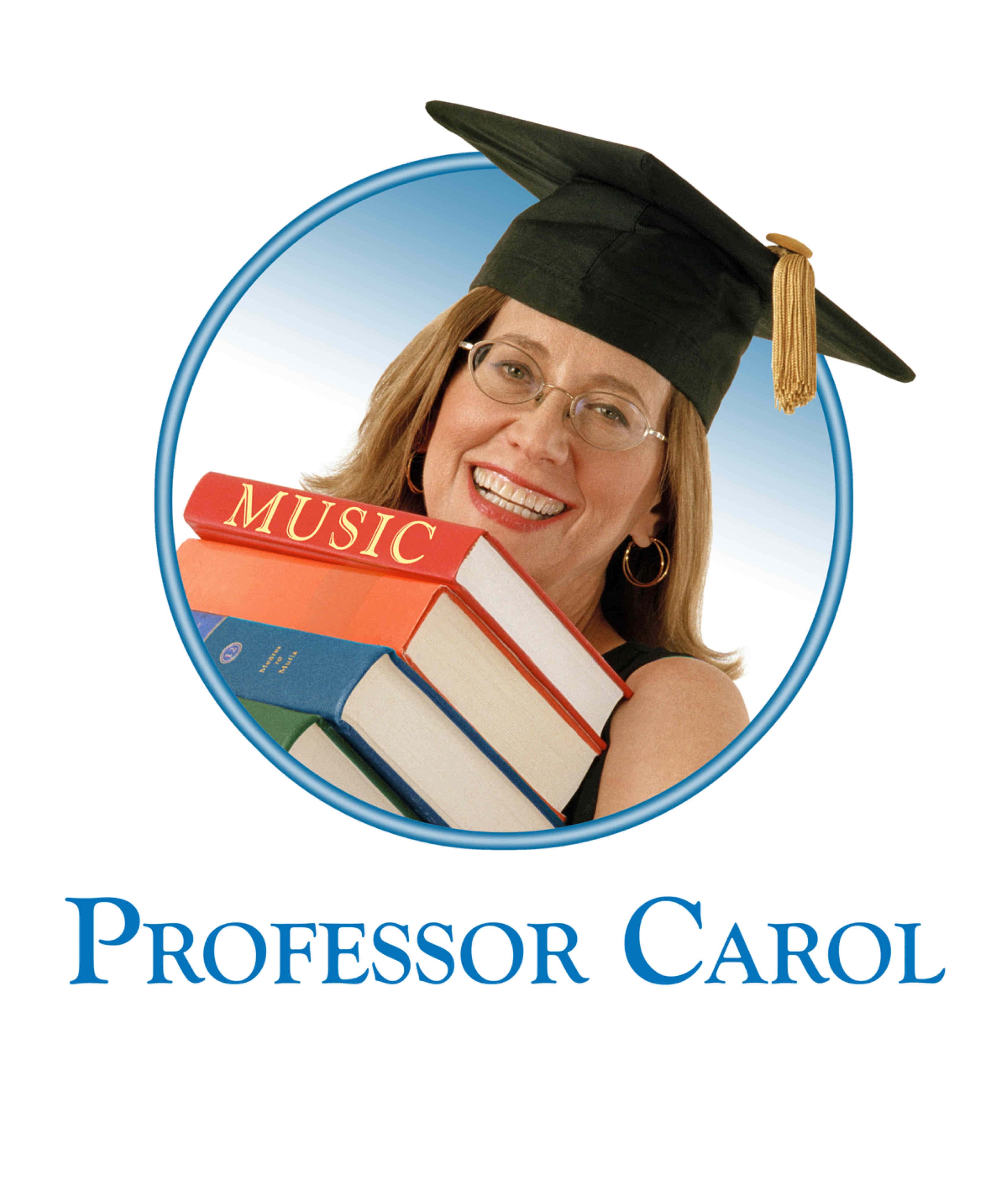 Innovative music and education illustration featuring a cheerful woman with a graduation cap and stack of books.