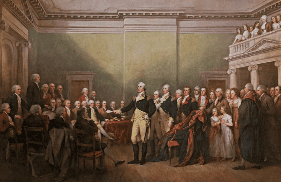 Historical scene of American leaders in a formal government meeting.