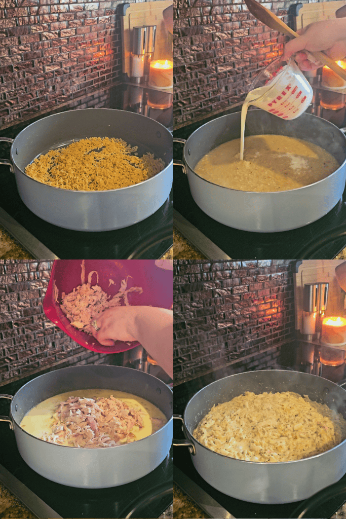 Cooking creamy garlic Parmesan chicken orzo in a skillet with fresh ingredients.
