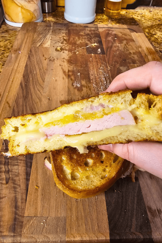 Delicious ham and pineapple grilled cheese sandwich, perfect for comfort food lovers.