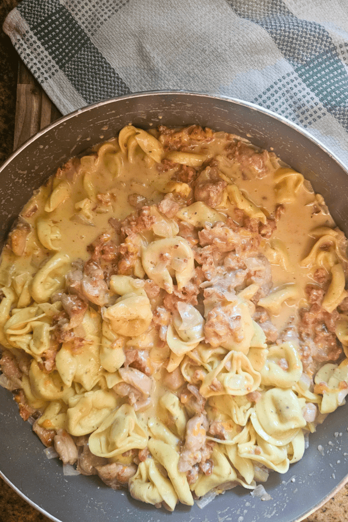 One Pan Chicken Bacon Tortellini in creamy sauce.