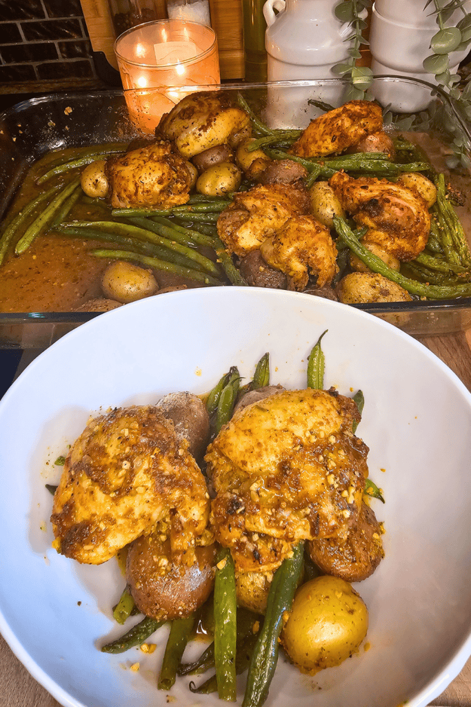 Delicious roasted chicken with potatoes and green beans, served in a cozy, flavorful dish perfect fo.