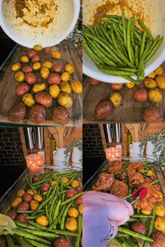 Healthy green beans and roasted potatoes with tender meatballs.