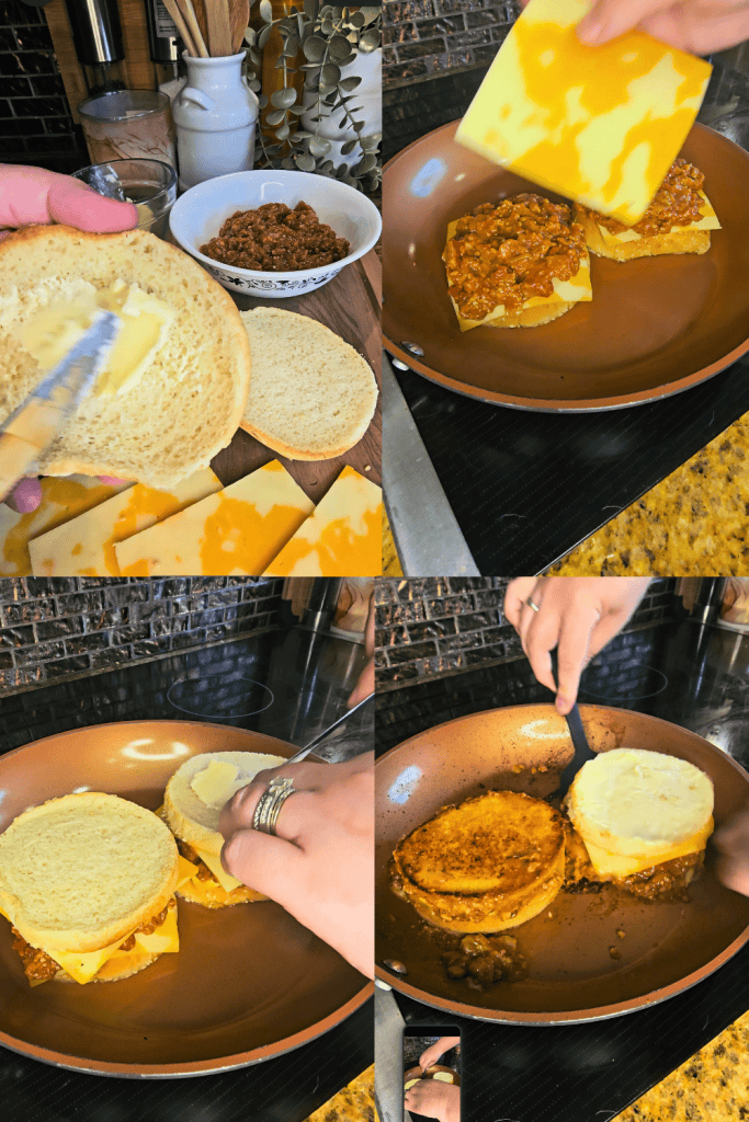 Making Sloppy Joe grilled cheese sandwiches with cheese and sloppy joe filling.
