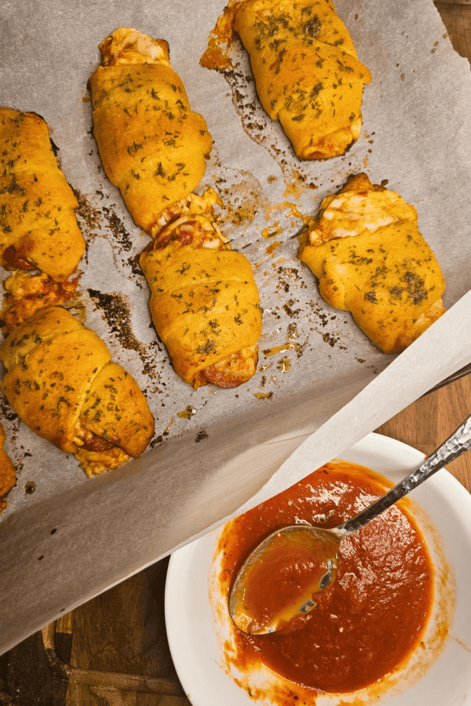 A tray of Pepperoni Crescent Rolls hot from the oven