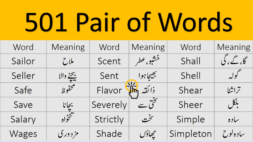 501 Pair of Words Meaning in Urdu PDF Book learn homophones also called pair of words for exams like CSS, PMS, NTS, PPSC, FPSC, OTS, UPSC, also for class 9th, 10th, 2nd year exams preparation with their Urdu meanings.