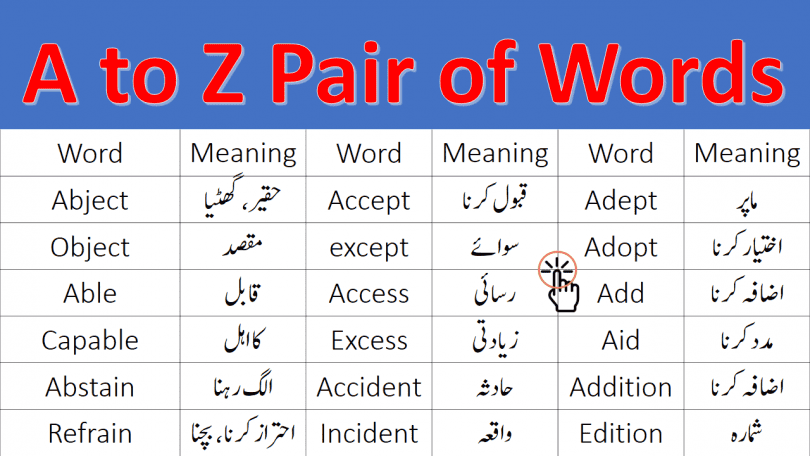 A to Z Pair of Words with Urdu Meanings PDF learn 501 pair of words for class 9th, 10, 2nd year with their meanings in Urdu these words are also called homophones and confusing words in English. Pair of words are categorized in English vocabulary they are important in many ways especially for preparation of various exams for example competitive exams like C.S.S, PMS, PPSC, FPSC, NTS, OTS, UPSC, and other exams as well for improving English vocabulary skills.