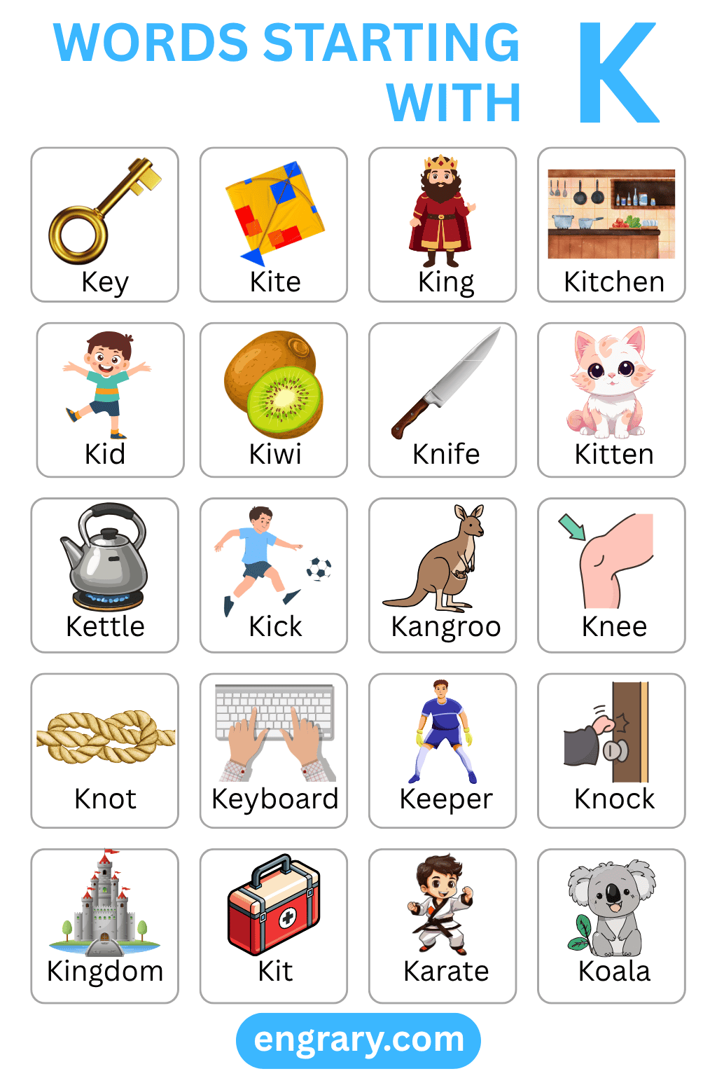 English words beginning with K