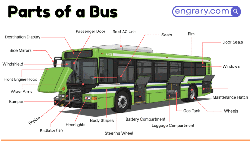 100+ parts of a bus with labeled diagram showing body, chassis, engine, doors, windows, steering, brakes, suspension, and safety parts