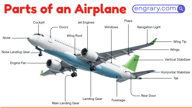 Parts Of An Airplane With Labeled Diagram showing fuselage wings tail engines landing gear control surfaces